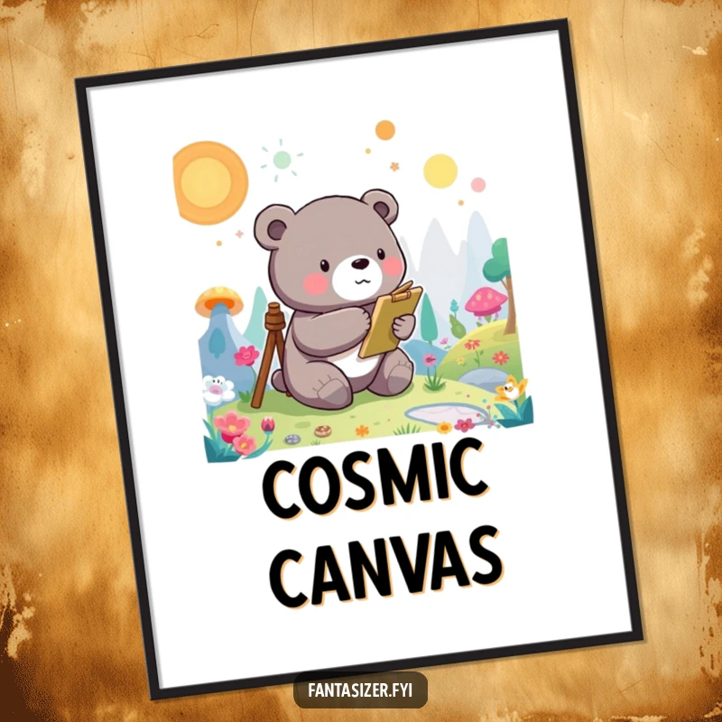 Funny Bear Poster: Artwork of a whimsical bear painting a vibrant, otherworldly landscape, filling the space with imagination.