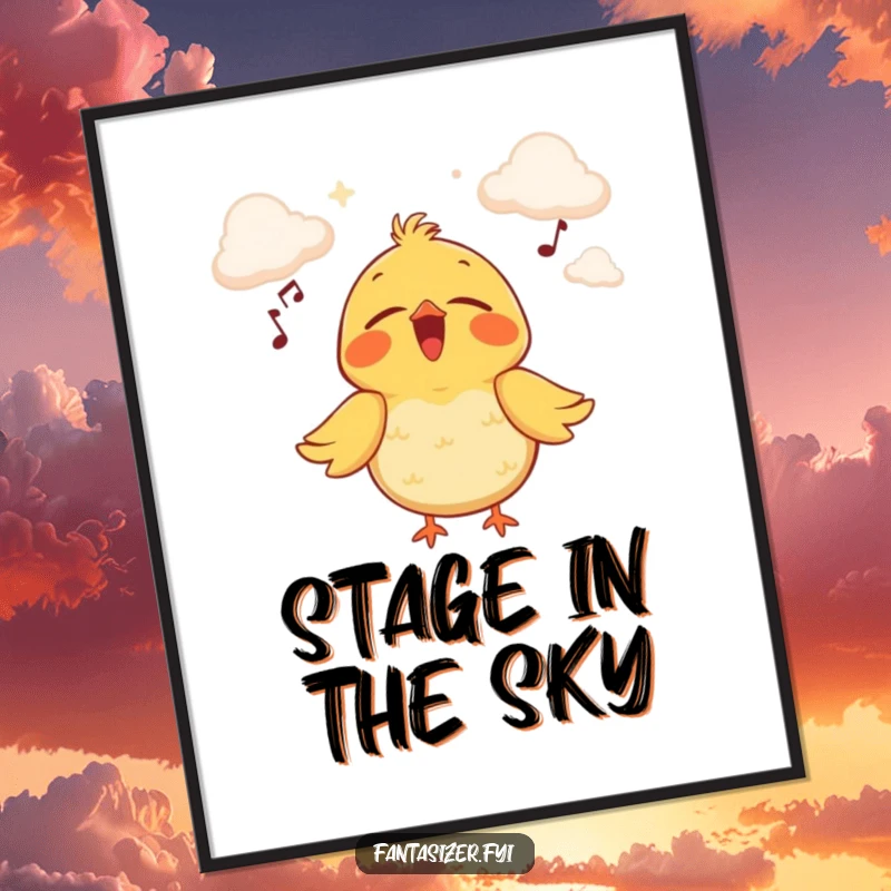 Funny poster showcasing a joyful bird singing with closed eyes on a cloud stage, bringing whimsical musical dreams to your walls.