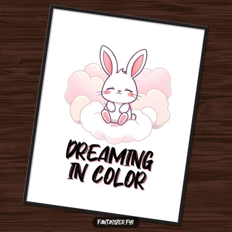 Funny bunny poster with eyes closed, imagining floating amongst giant, candy-colored clouds, whimsical wall art.