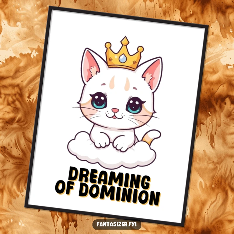 Funny cat king poster of a curious cat wearing a crown, imagining ruling a vast and fluffy kingdom in the clouds.
