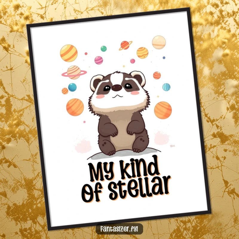 Funny poster depicting a whimsical badger gazing at a sky filled with vibrant, colorful planets, showcasing wonder and cosmic adventure.