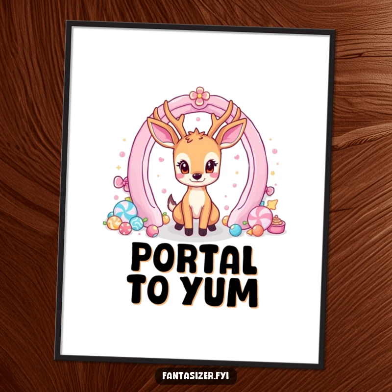 Funny poster art of a deer looking longingly at a portal brimming with colorful candies and desserts.