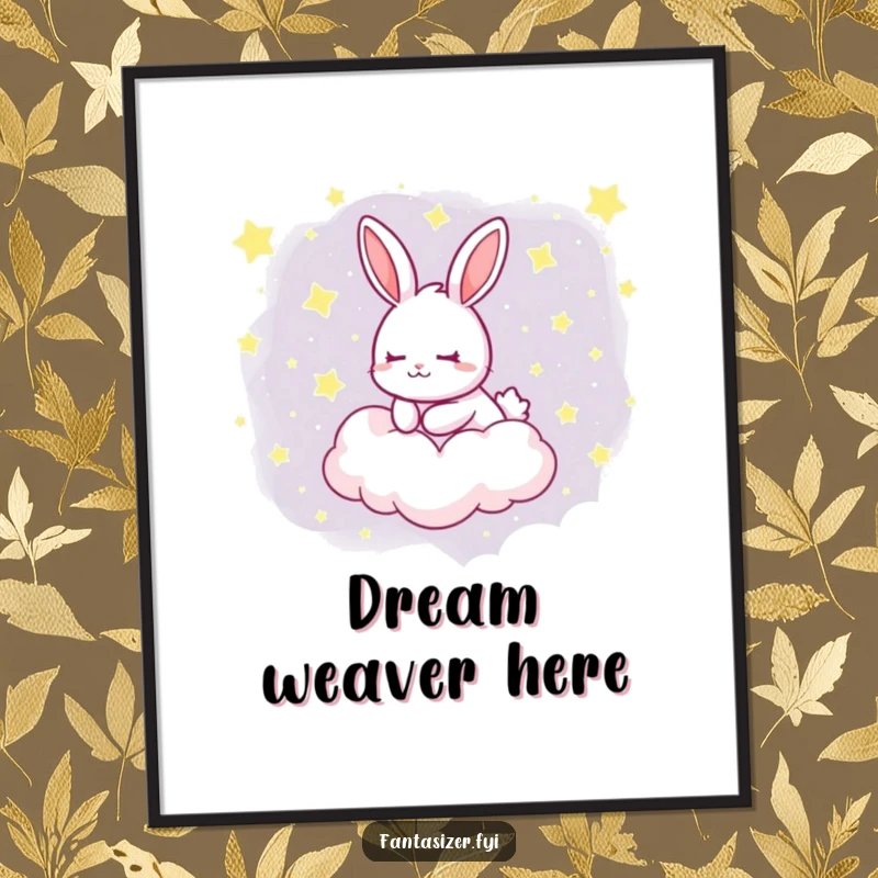 Funny poster displaying a dreaming rabbit floating on a fluffy cloud covered in stars, capturing a sense of peace and wonder.