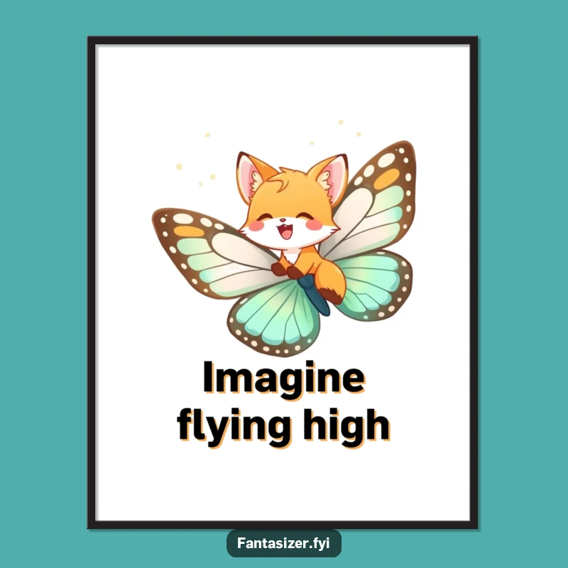 Funny Fox Cub Butterfly Poster: Dreamy Flight Art, Whimsical Wall Decor Gift