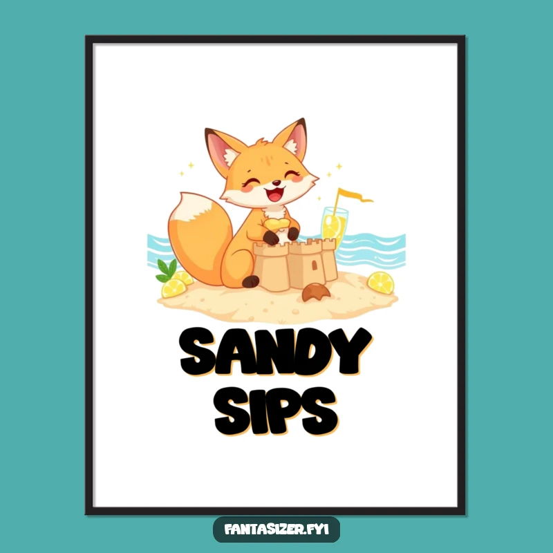 Funny Fox Sandcastle Art Print: Hilarious Beach Scene Poster Gift for Decor