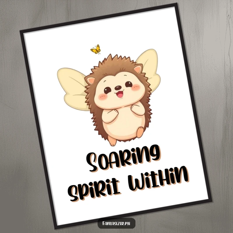 Funny poster art of a delighted hedgehog with vibrant butterfly wings, imagining a magical flight among flowers.