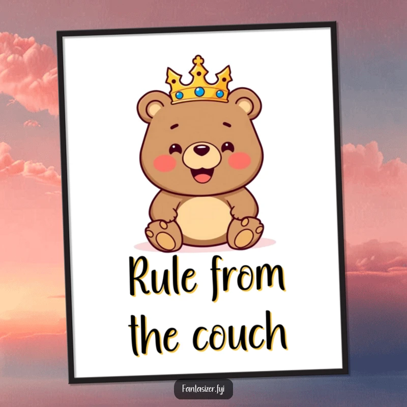 Funny poster art of a happy, crowned bear majestically ruling over a delightful toy kingdom, adding humor to any room.