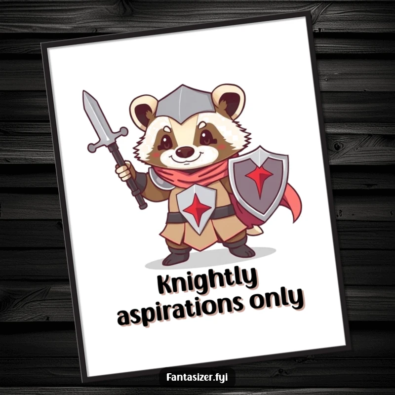 Funny poster of a determined badger knight, imagining heroic deeds, bringing epic fantasy humor to any wall space.