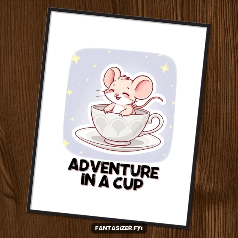 Funny poster depicting a giggling mouse comically piloting a teacup through a breathtaking, star-filled sky.