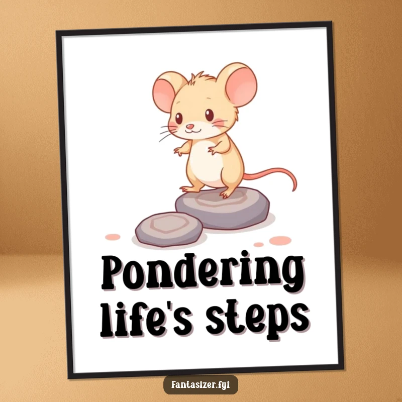 Funny poster: a brave mouse traverses stepping stones made of thoughts, symbolizing intellectual courage and journey.