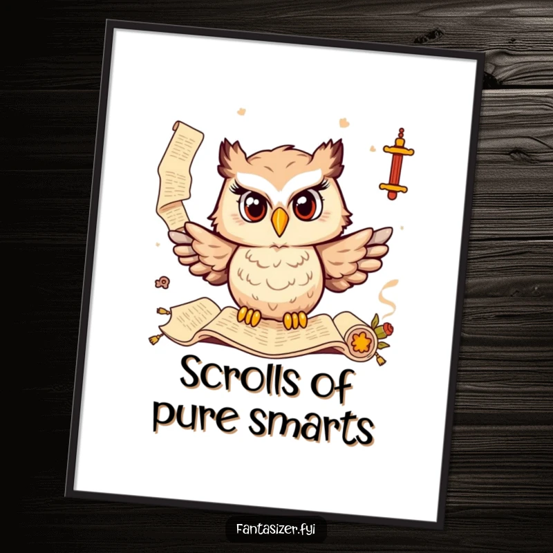 Funny poster of a delighted owl conjuring ancient scrolls, bringing a touch of wise and humorous decor.
