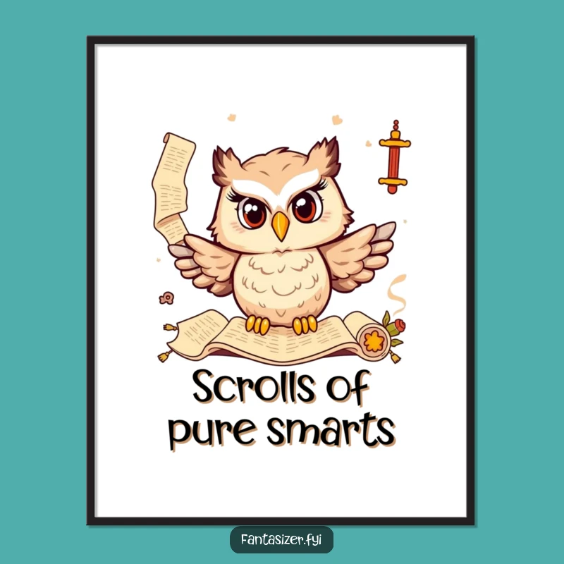 Funny Owl Scholar Poster: Wise Ancient Scrolls Wall Art, Fantastic Humorous Gift
