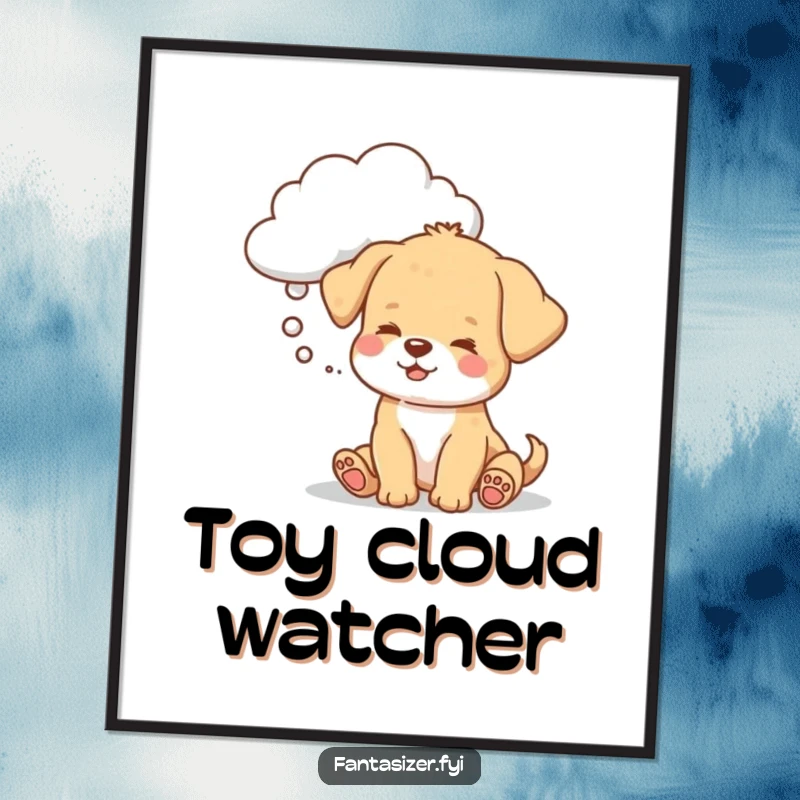 Funny puppy poster, a puppy daydreaming with a toy-shaped cloud, creating whimsical and humorous wall art.