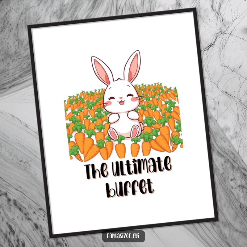 Funny poster depicting a delighted rabbit in an overwhelming field of carrots, a humorous and charming piece of wall art.