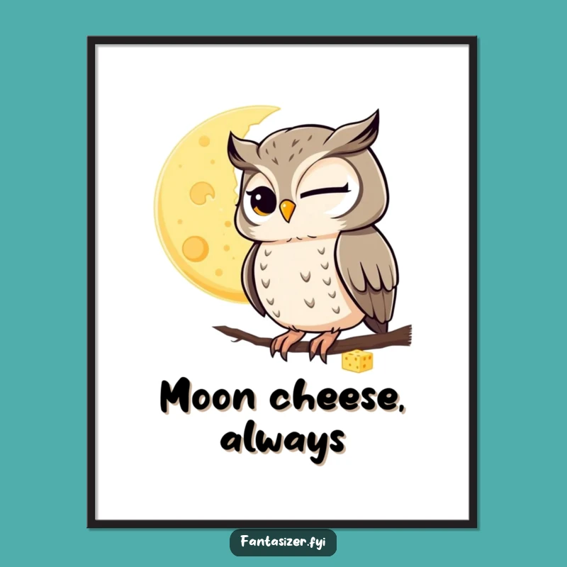 Funny Winking Owl Cheese Moon Poster: Quirky Art Print Gift