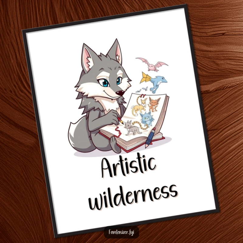 Funny wolf character thoughtfully sketching fantastical creatures, depicted as a vibrant and creative poster for wall decor.
