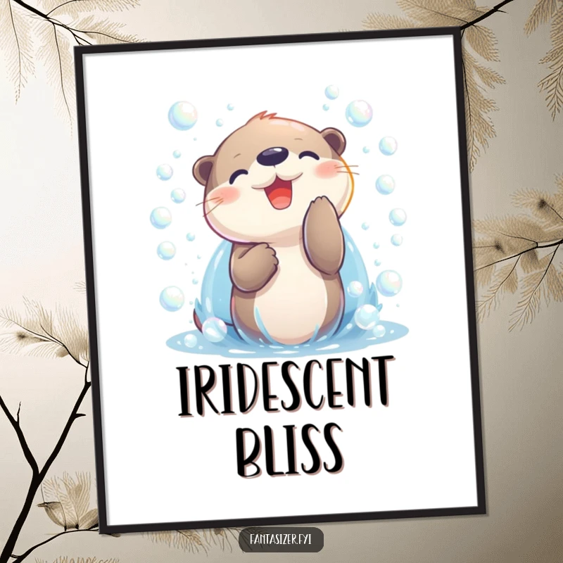 Funny otter character delightedly playing with iridescent bubbles, depicted as a vibrant and joyful poster for wall decor.