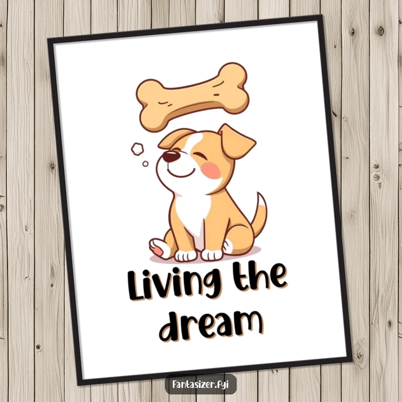 Funny poster art of a happy dog in a deep sleep, dreaming of a comically large, floating bone.