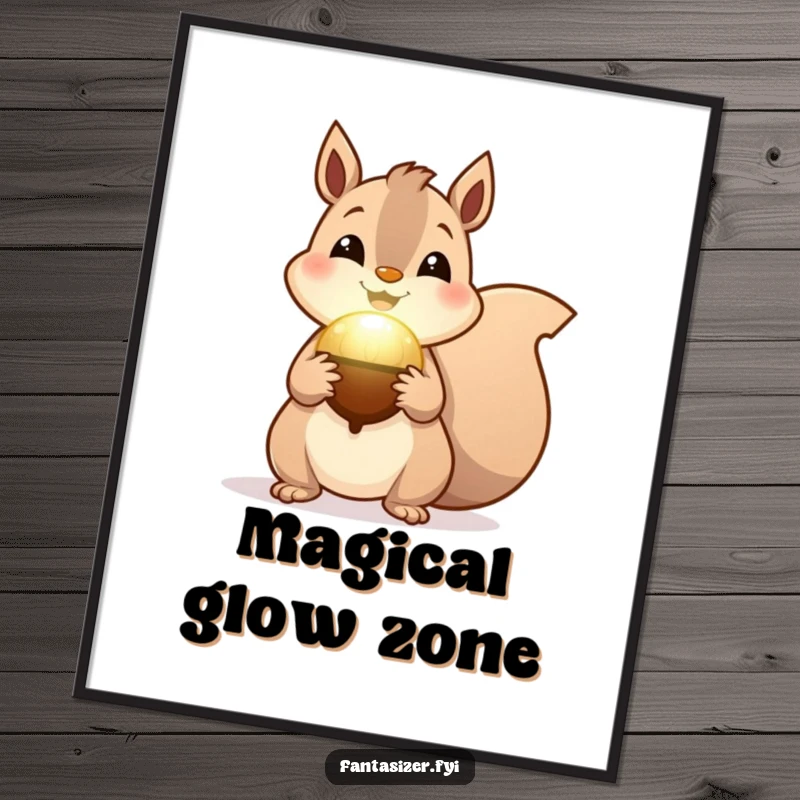 Funny Squirrel Magic Poster showing a cheerful squirrel holding a softly glowing magical acorn, adding whimsical humor.