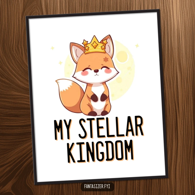 Funny poster print of a happy fox wearing a star crown, gazing at a distant, glowing planet, creating a dreamy and amusing celestial wall art.