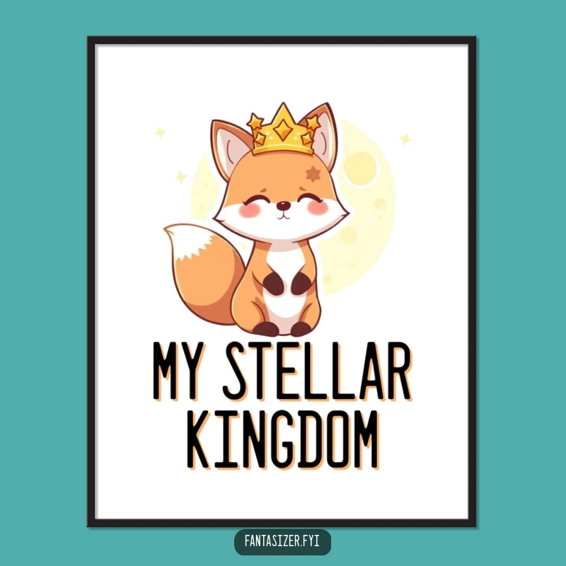 Funny Fox Cosmic Poster: Art of a Star-Crowned Fox and Planet, Charming Space Wall Decor Gift