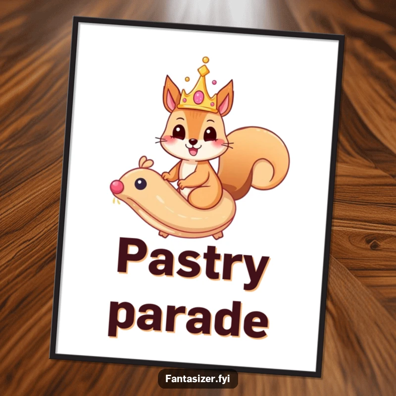 Funny squirrel poster with a whimsical crown riding a majestic, flying pastry, whimsical wall art for fantasy lovers.