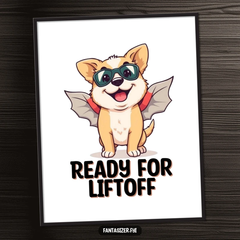 Funny poster showcasing a happy dog with a goofy grin, with imaginary superhero wings, ready for flight.