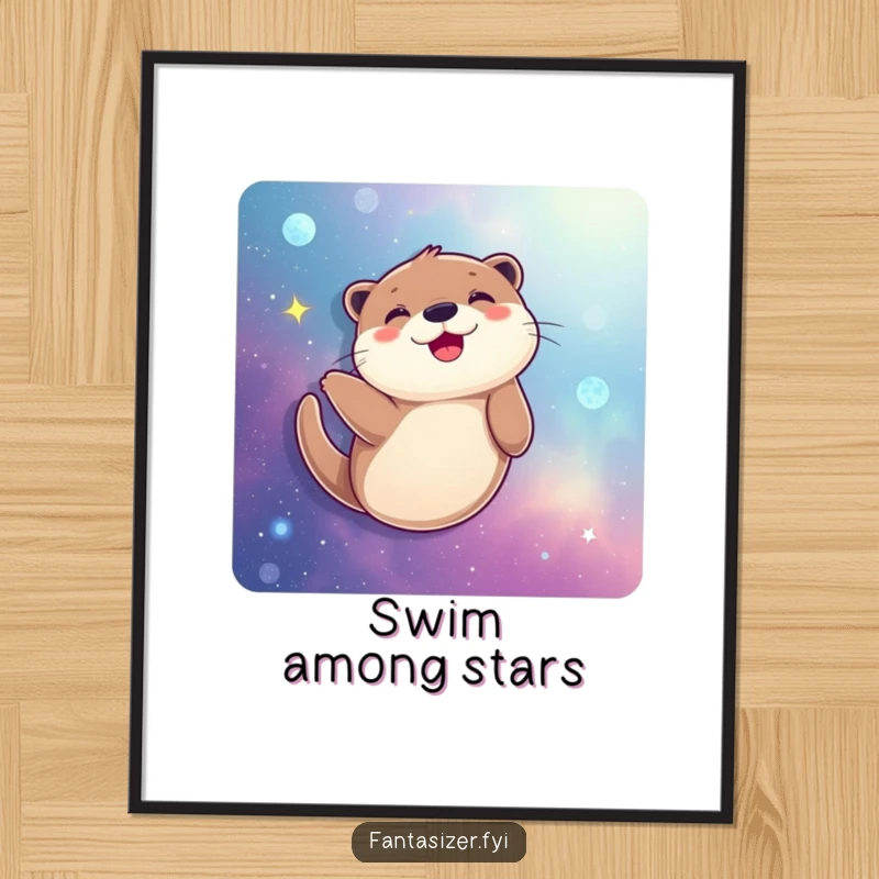 Funny Otter Poster: A joyful otter happily swims among stars and nebulae in a colorful galaxy, creating a vibrant and imaginative wall piece.