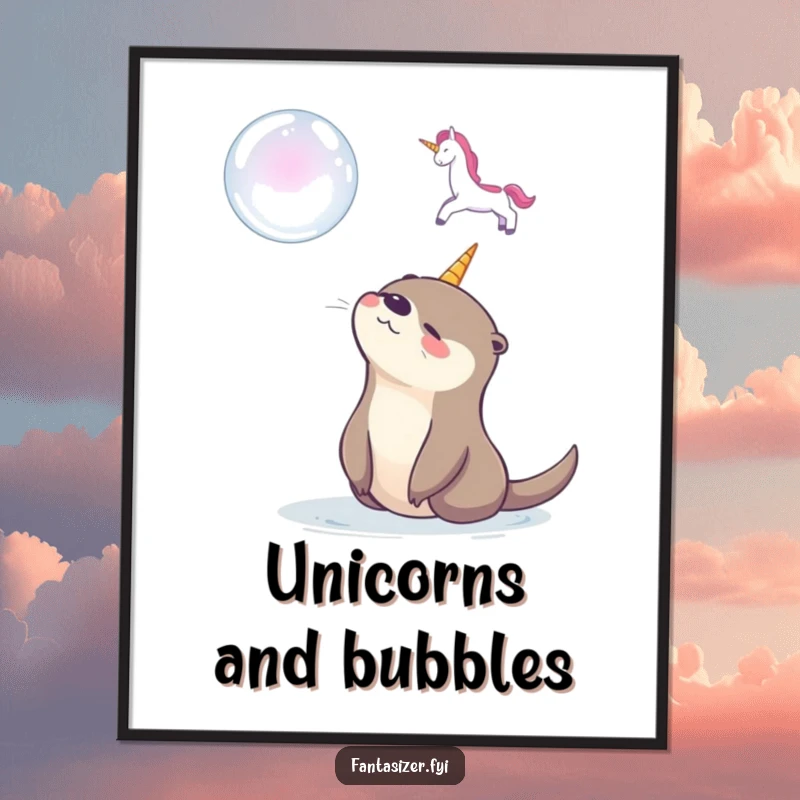 Funny poster displaying a happy otter lost in the wonder of a floating soap bubble unicorn, perfect whimsical wall art.