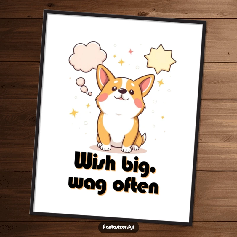 Funny cute corgi dog deep in thought with giant, sparkling thought bubbles full of dreams, whimsical wall art.