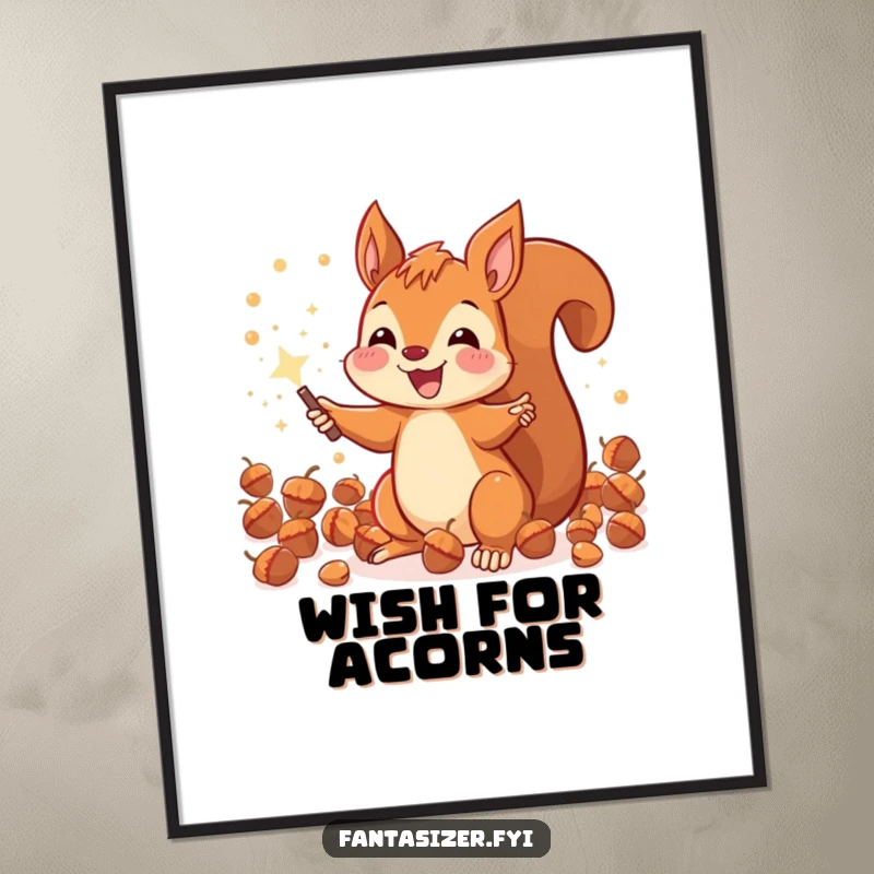 Funny joyous squirrel using a magic wand to conjure a shower of sparkling acorns, a whimsical art print.
