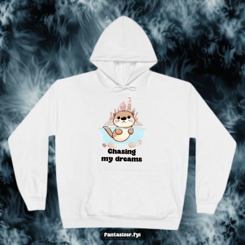 Funny Otter Adventurer Hoodie, depicting a determined otter swimming towards a shimmering city of seashells, perfect for dreamers.