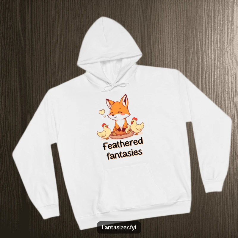 Funny happy fox daydreaming of a feast of plump chickens, featured on a warm hoodie. A cozy and humorous design for anyone who loves food.
