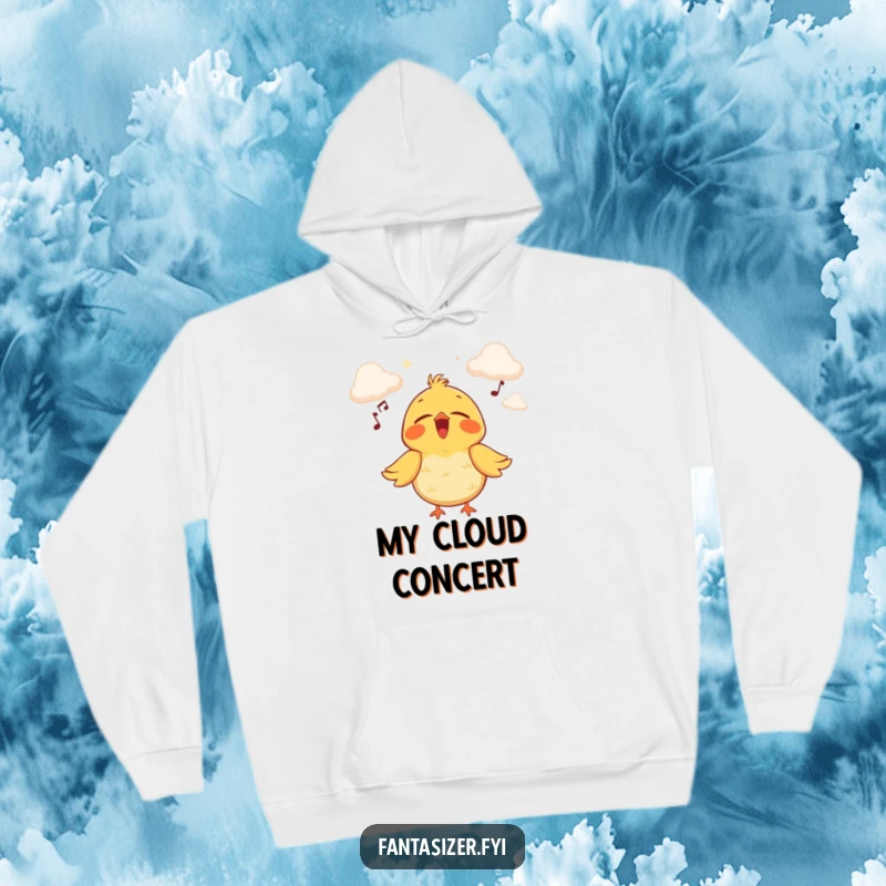 Funny hoodie featuring a joyful bird singing on a cloud stage, providing cozy comfort and a dreamy, musical atmosphere.