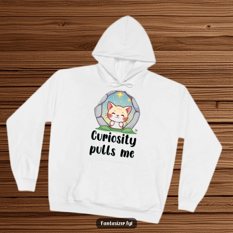 Funny cat peeking through a magical portal revealing a starry landscape, on a soft hoodie for cozy exploration.