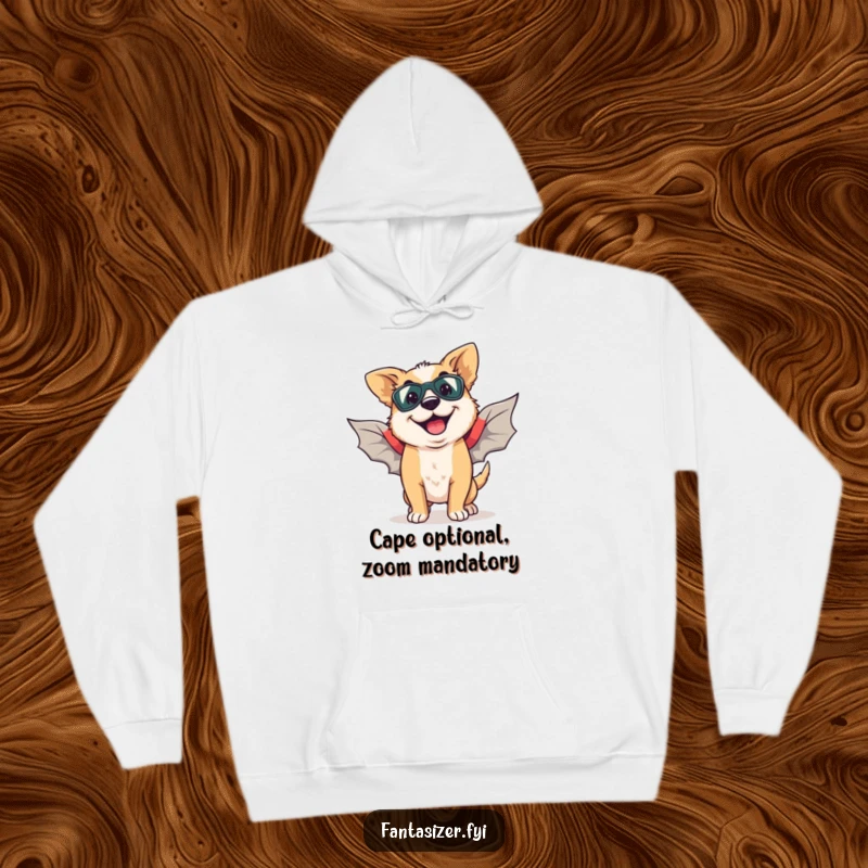 Funny hoodie depicting a happy dog with a goofy grin, imagining soaring through the sky with superhero wings.