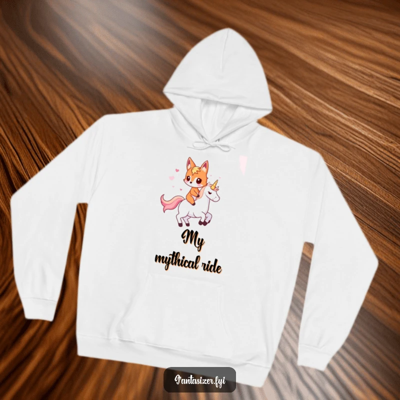 Funny fox hoodie depicting a playful fox riding a unicorn, offering cozy comfort and magical, humorous charm.