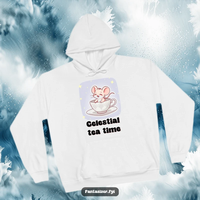Funny hoodie with a giggling mouse comically piloting a teacup through a beautiful, starry night sky.
