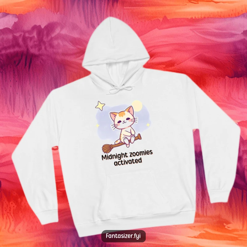 Funny hoodie featuring a beaming cat on a broomstick against a night sky, offering magical comfort and humor.