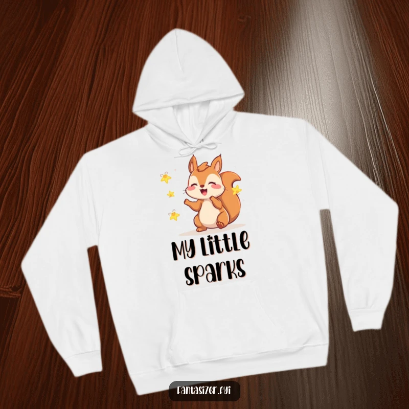Funny squirrel hoodie depicting a gleeful squirrel playing with fireflies, offering cozy comfort and magical, humorous charm.