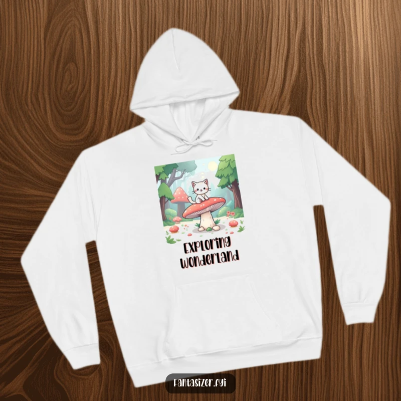 Funny hoodie with a playful cat character riding a giant mushroom through a mystical fantasy forest, offering cozy, enchanting vibes.