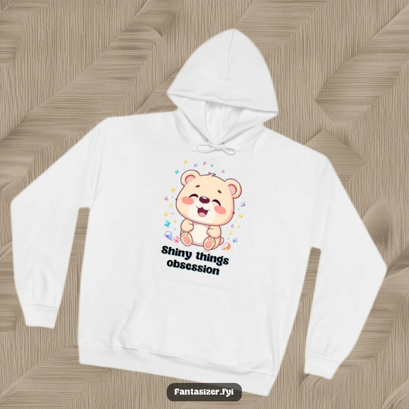 Funny Bear Hoodie: A delighted bear with mouth open, gazing at a world of glittering gemstones, ideal funny gift.