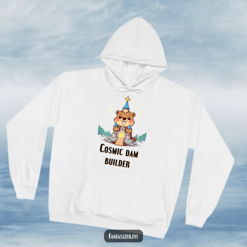 Funny beaver hoodie featuring a happy character crafting a glowing stardust castle, a cozy and funny gift idea.
