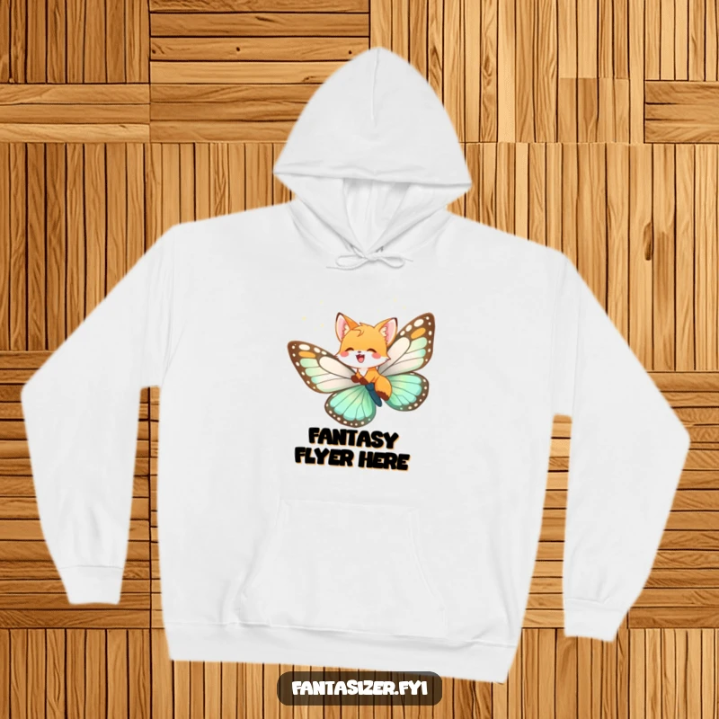 Funny fox cub hoodie, a happy cub soaring on a large butterfly, symbolizing imagination and peaceful journeys.