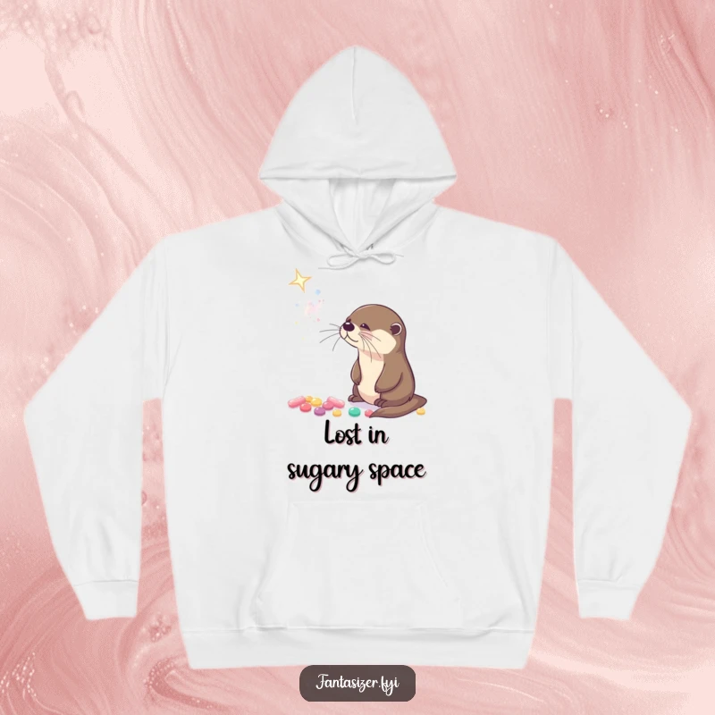 Funny hoodie design of a curious otter gazing at a galaxy made of tiny, glowing candies.