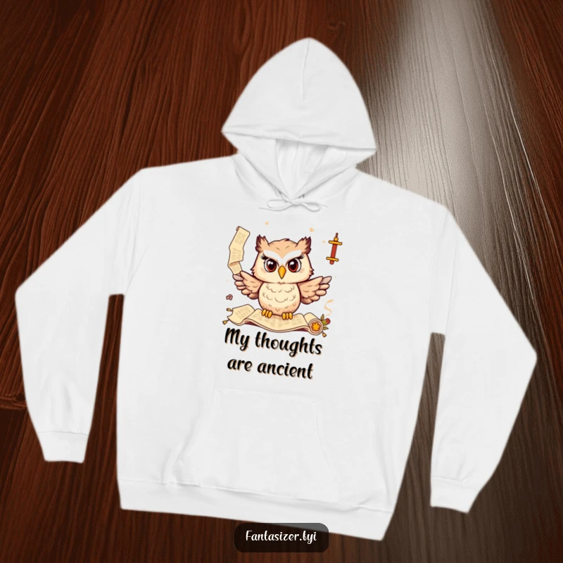Funny hoodie featuring a delighted owl engrossed in ancient scrolls, ideal for cozy, scholarly, and humorous moments.