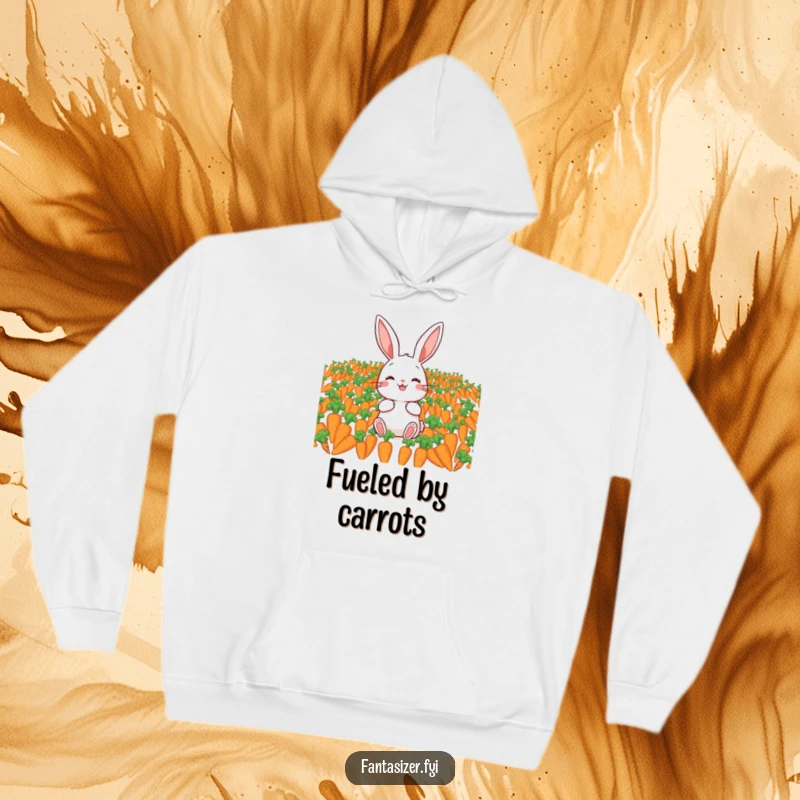 Funny hoodie featuring a joyful rabbit surrounded by a vast abundance of carrots, offering warmth and a humorous escape.