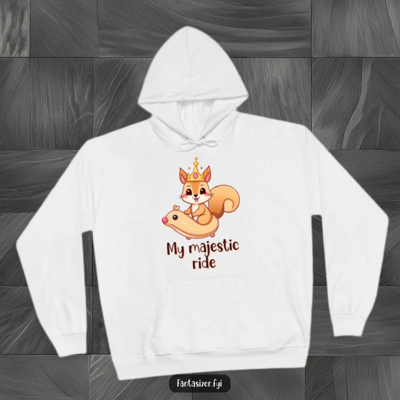 Funny squirrel hoodie with a whimsical crown riding a majestic, flying pastry, cozy apparel for pastry pilots.