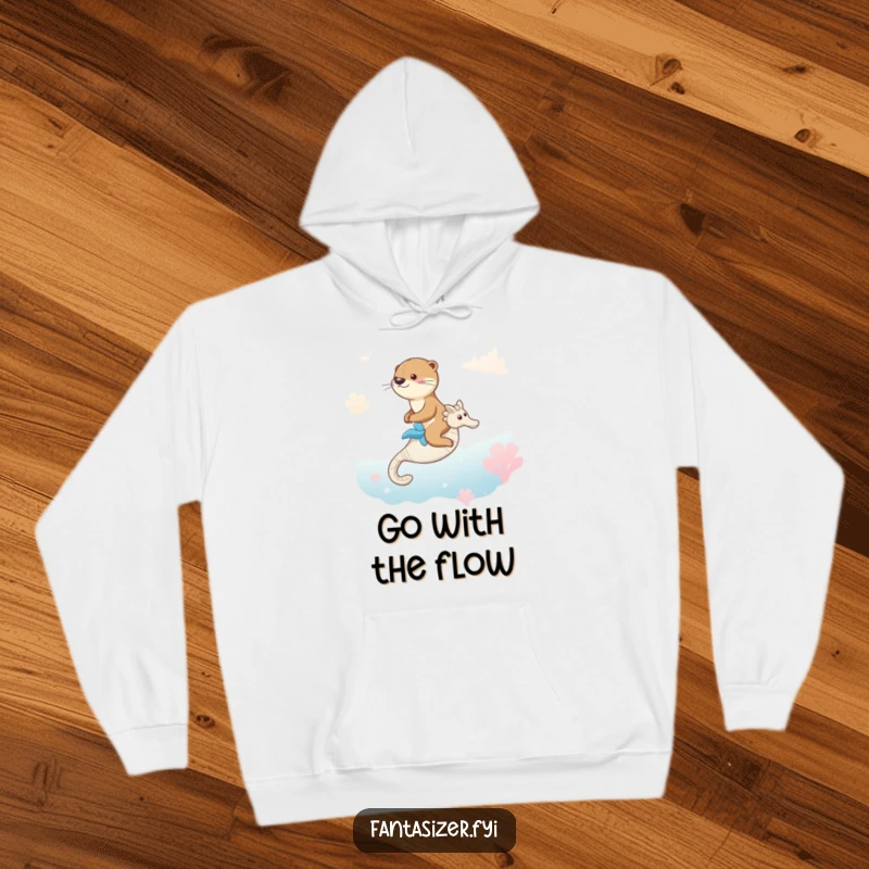 Funny hoodie: a playful otter rides a seahorse through a dreamy, colorful ocean, offering cozy comfort.