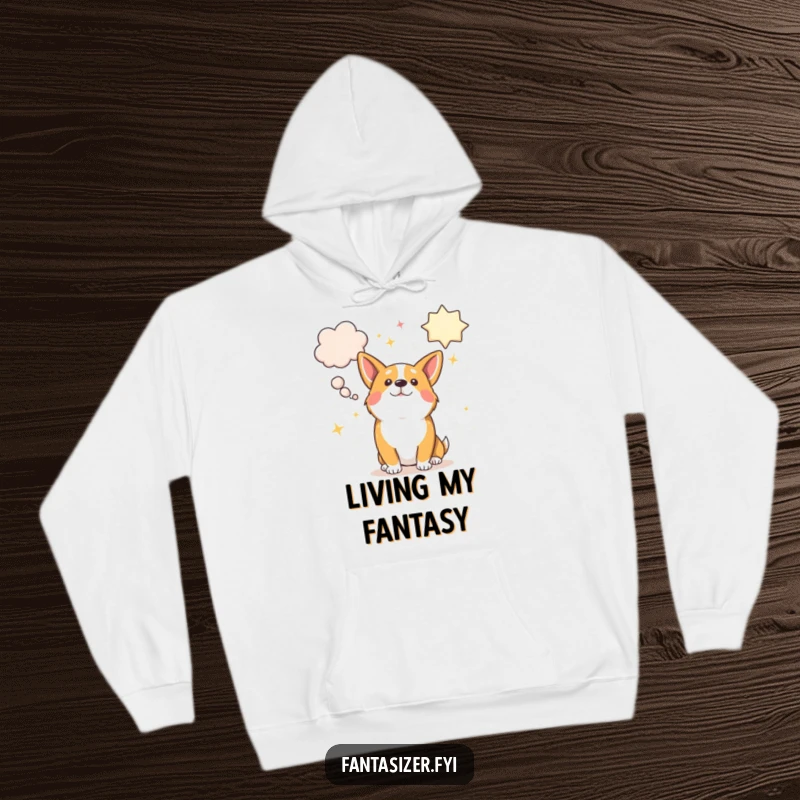 Funny corgi wearing a cozy hoodie, lost in enormous, glittery thought bubbles representing fantastical dreams, soft and warm.
